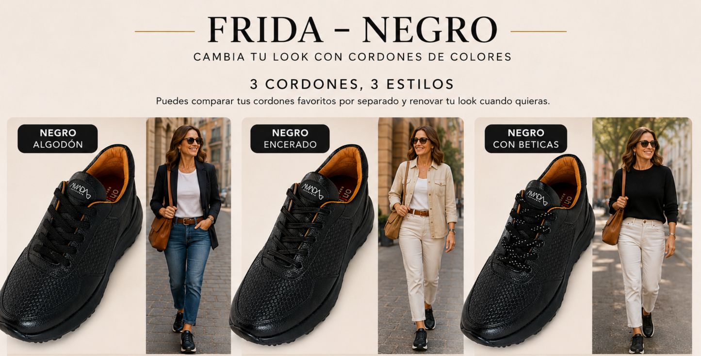 Frida Negro-Negro · Tenis Unisex en Cuero con Soporte Ortopédico