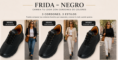 Frida Negro-Negro · Tenis Unisex en Cuero con Soporte Ortopédico