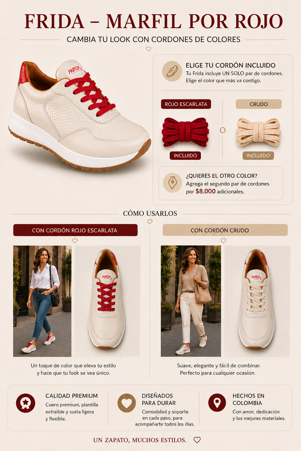 Frida Marfil Rojo · Tenis 100% Cuero con Plantillas Ortopédicas
