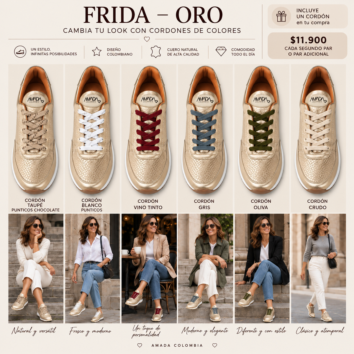 Frida Oro · Tenis 100% Cuero con Plantillas Ortopédicas