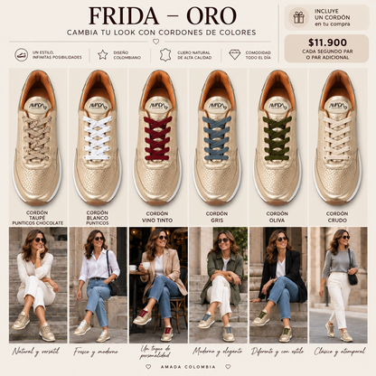 Frida Oro · Tenis 100% Cuero con Plantillas Ortopédicas