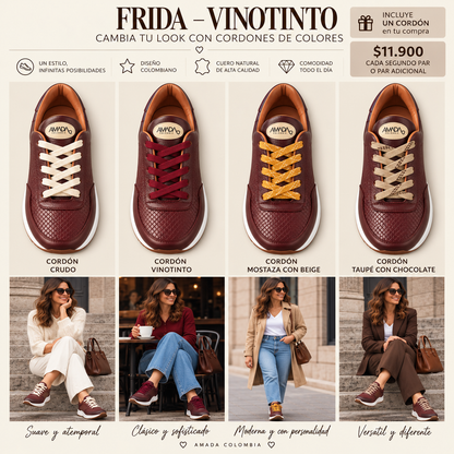 Frida Vino Merlot · Tenis 100% Cuero con Plantillas Ortopédicas