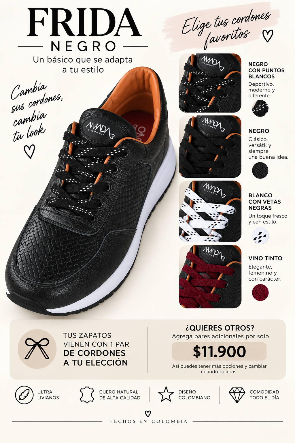 Frida Negro · Tenis Unisex 100% Cuero con Plantillas Ortopédicas