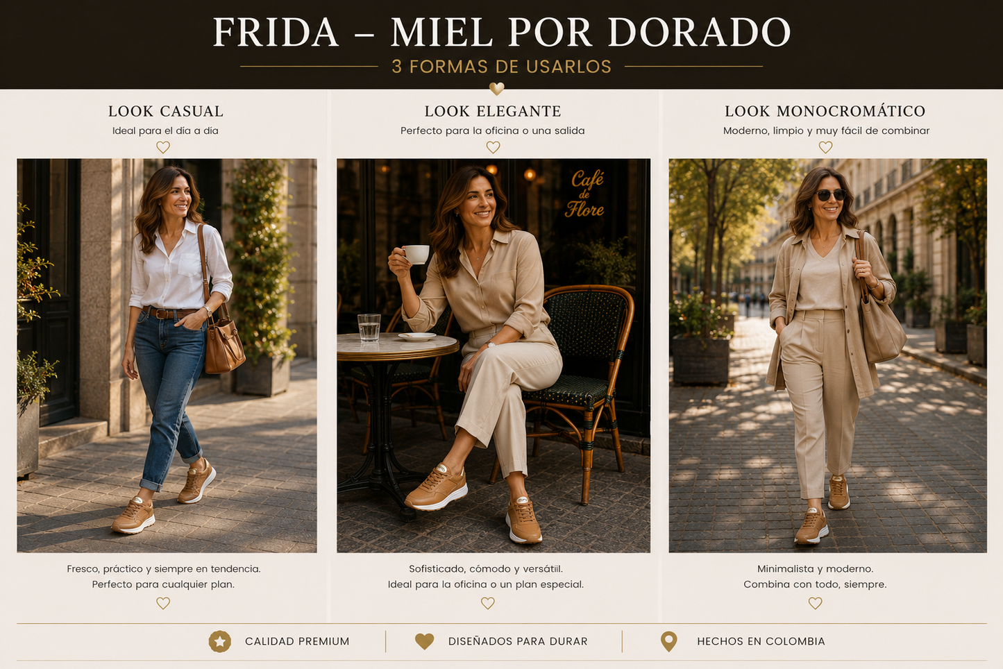 Frida Miel x Oro · Tenis 100% Cuero con Soporte Ortopédico