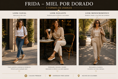 Frida Miel x Oro · Tenis 100% Cuero con Soporte Ortopédico