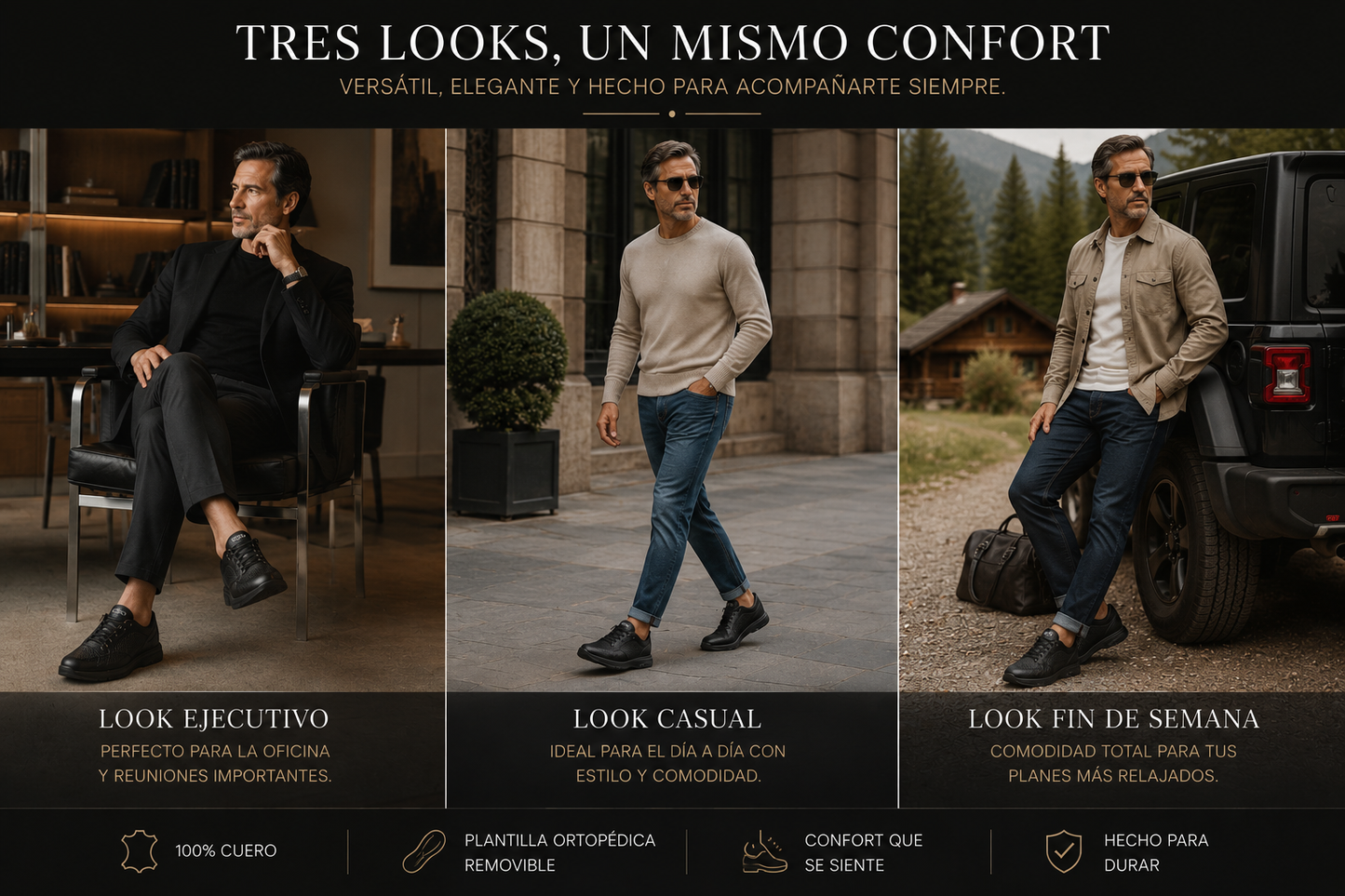 Frida Negro-Negro · Tenis Unisex en Cuero con Soporte Ortopédico