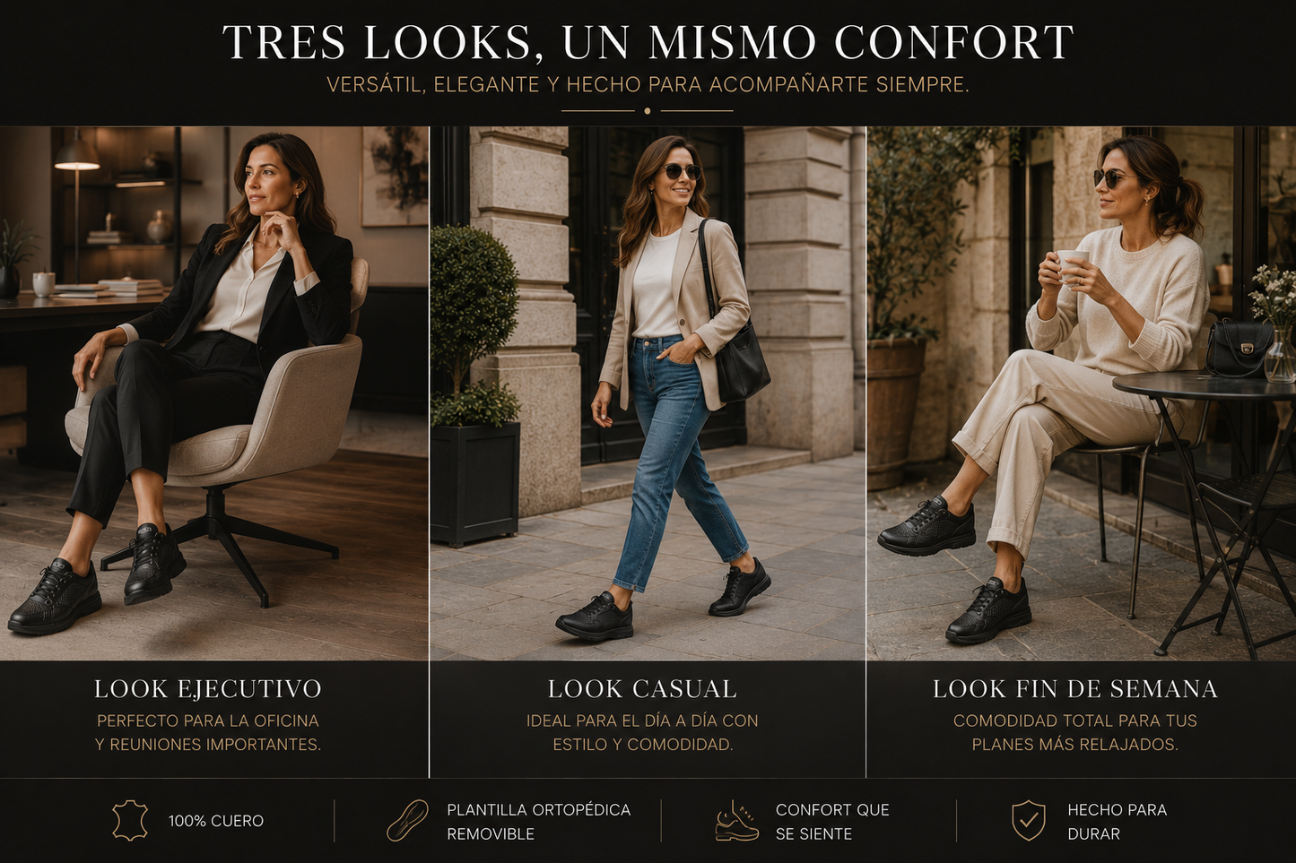 Frida Negro-Negro · Tenis Unisex en Cuero con Soporte Ortopédico