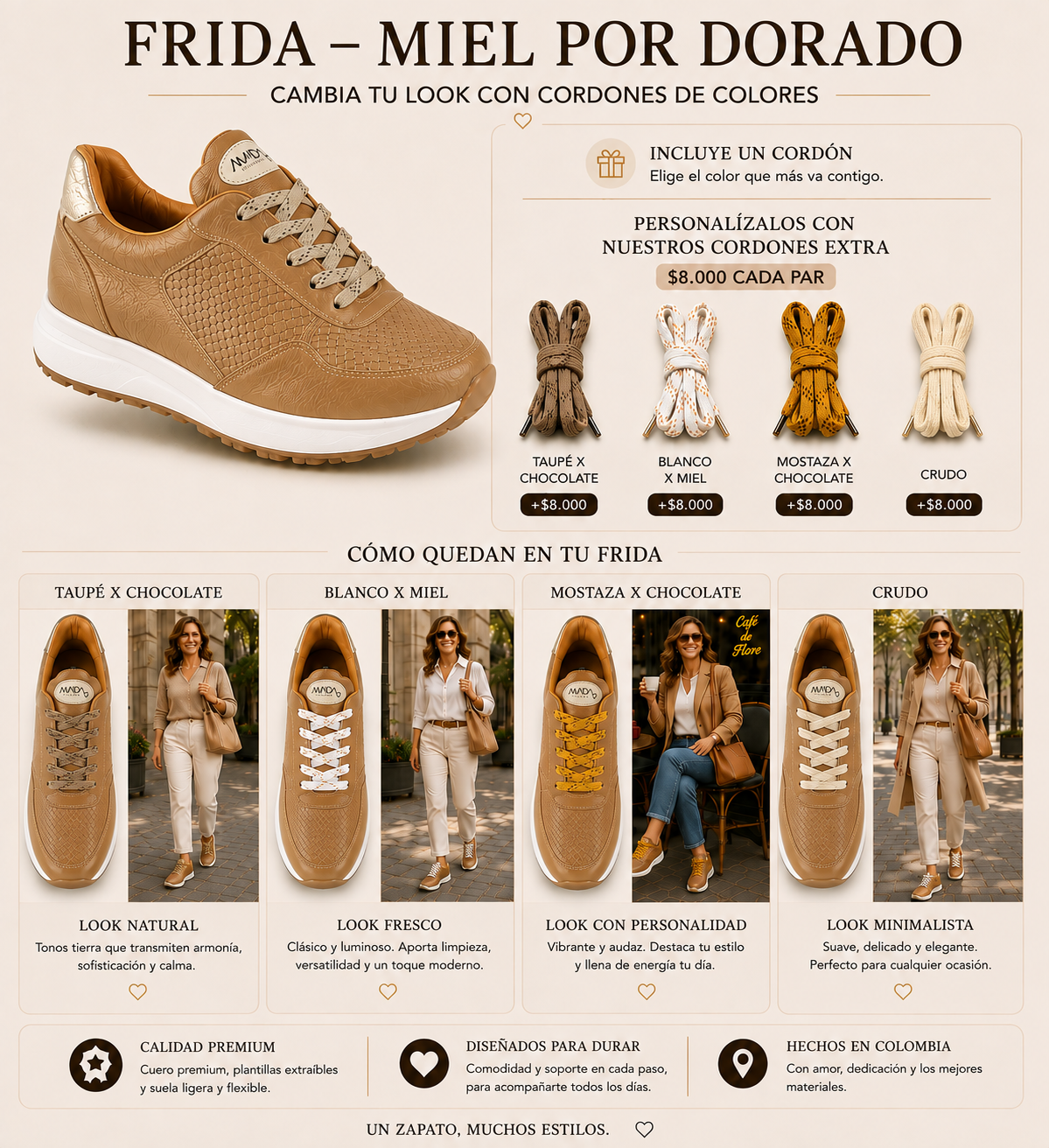 Frida Miel x Oro · Tenis 100% Cuero con Soporte Ortopédico