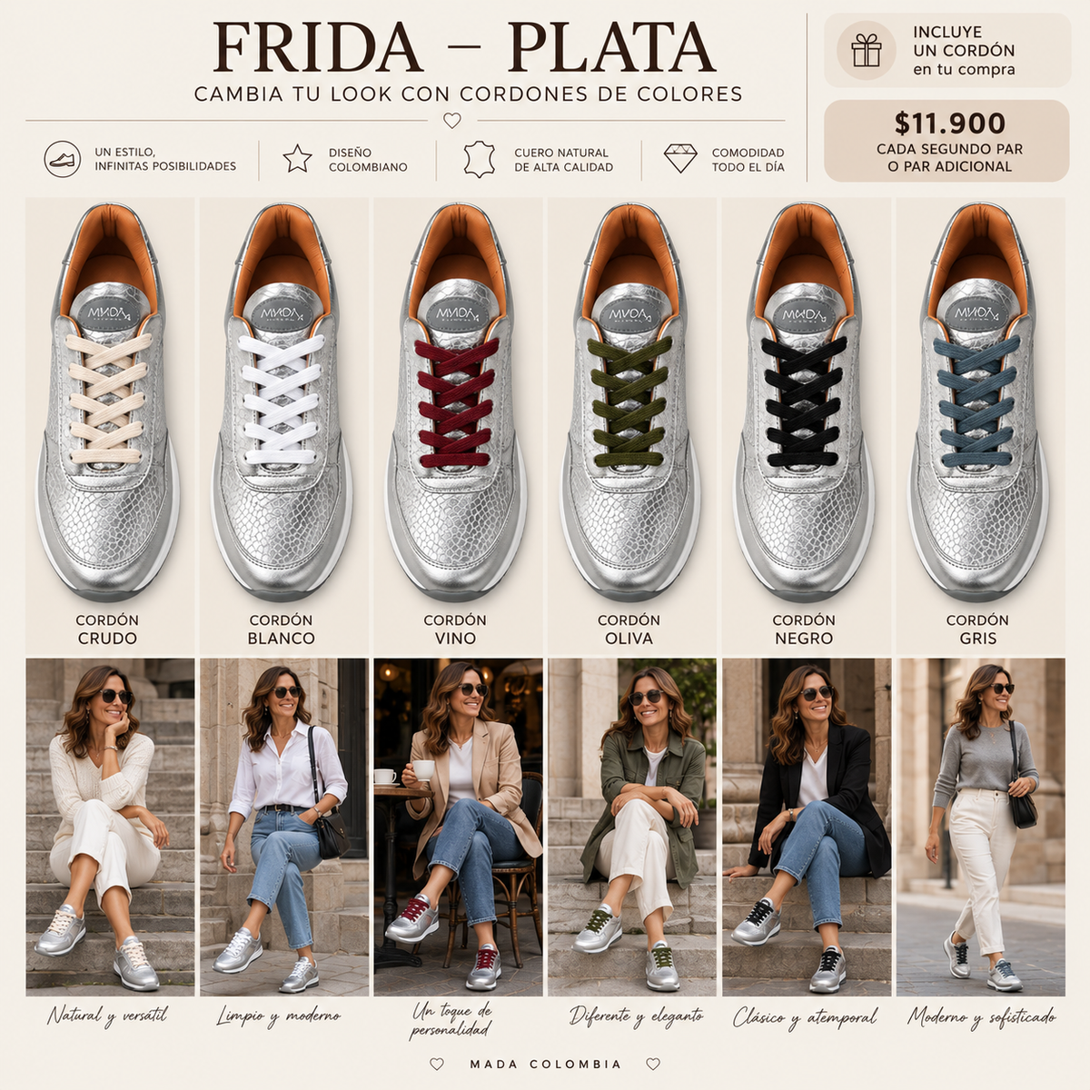 Frida Plata · Tenis 100% Cuero con Plantillas Ortopédicas