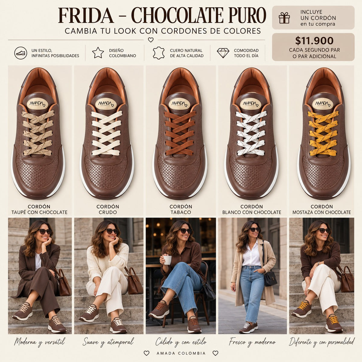Frida Chocolate Puro · Tenis 100% Cuero con Plantillas Ortopédicas