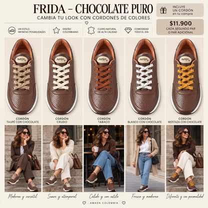Frida Chocolate Puro · Tenis 100% Cuero con Plantillas Ortopédicas